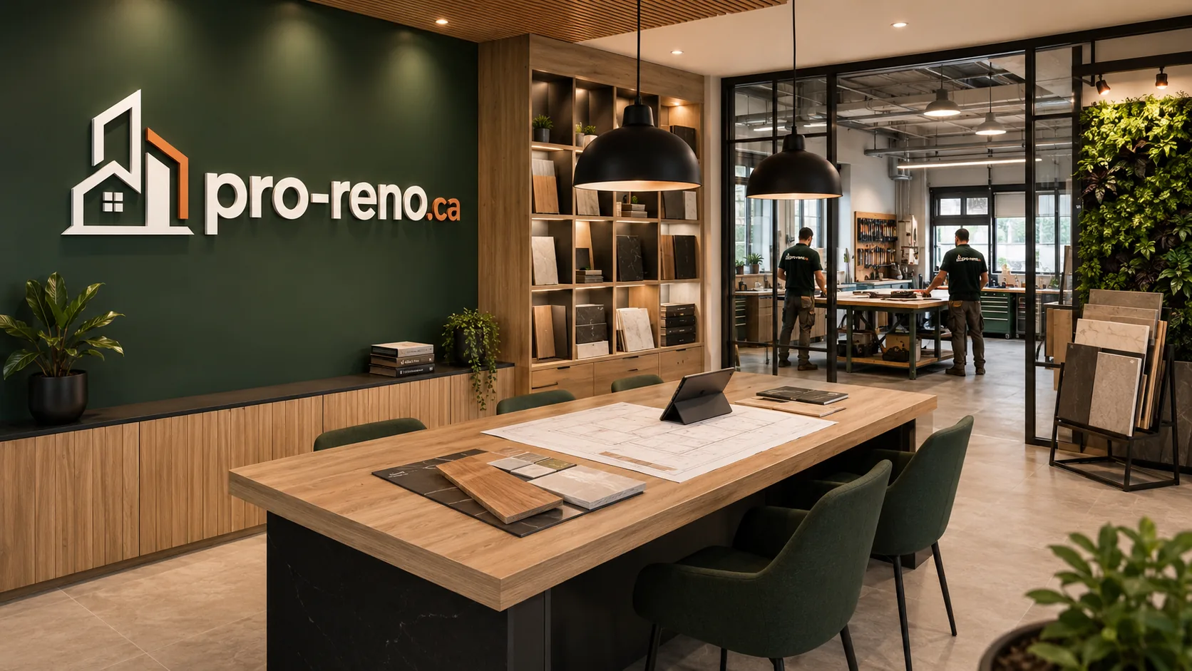 Salle de montre d'un entrepreneur en rénovation avec échantillons de matériaux et atelier vitré