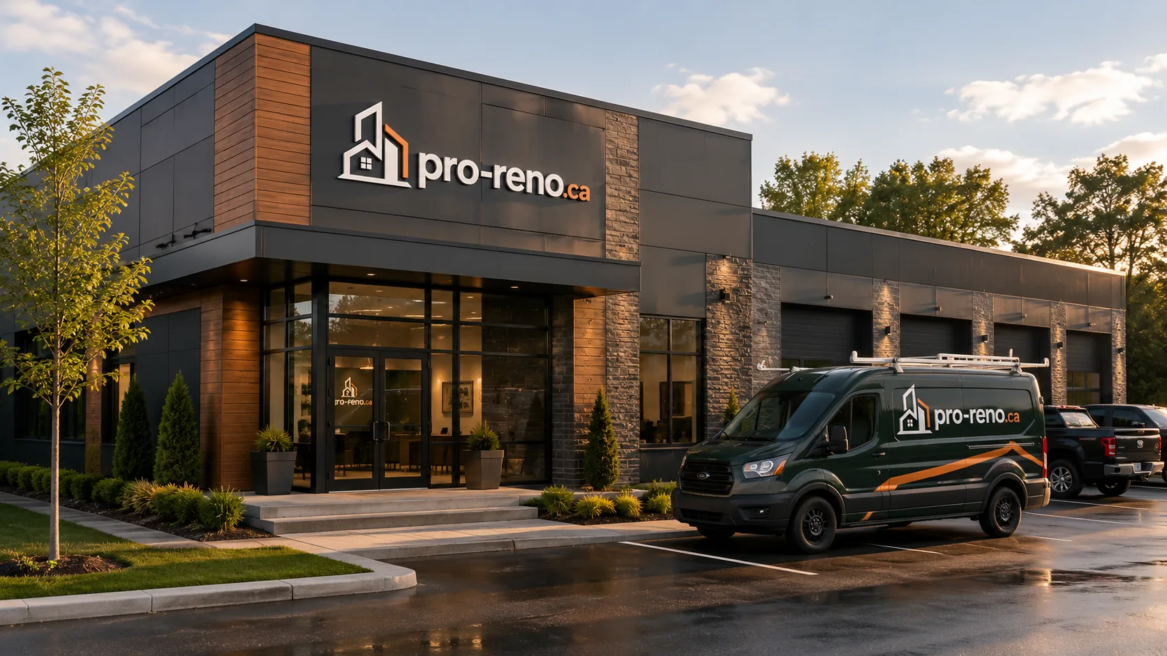 Bâtiment commercial d'un entrepreneur en rénovation avec camionnette de service