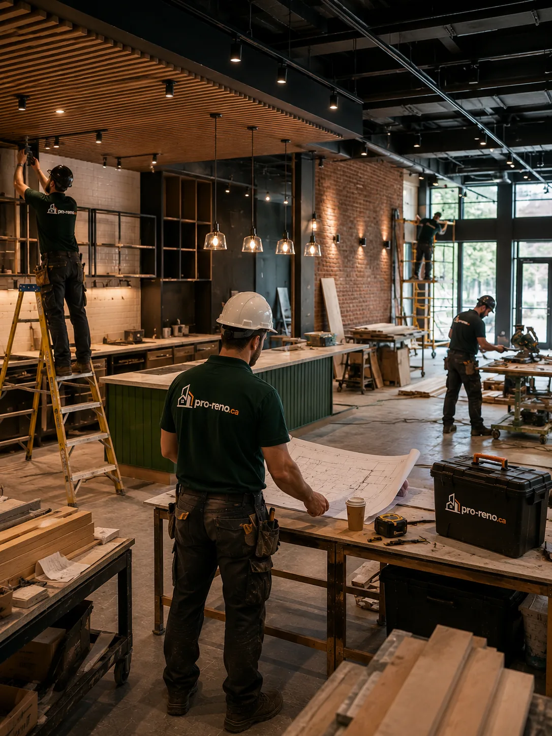 Chantier de rénovation dans un local commercial, cloisons et éclairage en cours